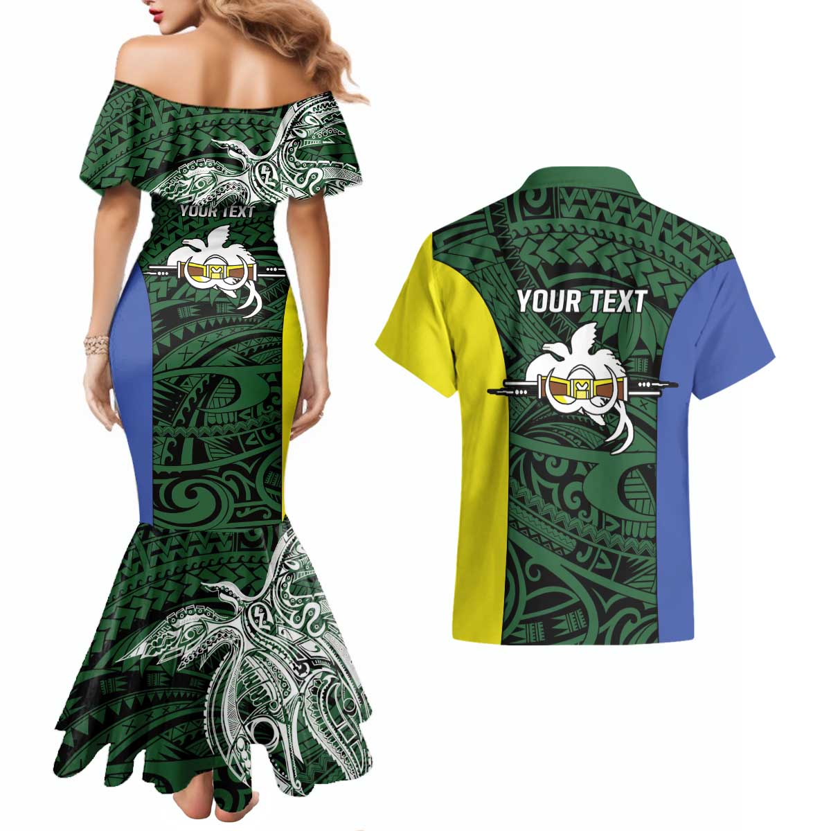 Personalised PNG Morobe Province Couples Matching Mermaid Dress and Hawaiian Shirt Bird of Paradise Tattoo Flag Motif - Polynesian Pride