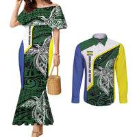 Personalised PNG Morobe Province Couples Matching Mermaid Dress and Long Sleeve Button Shirt Bird of Paradise Tattoo Flag Motif - Polynesian Pride