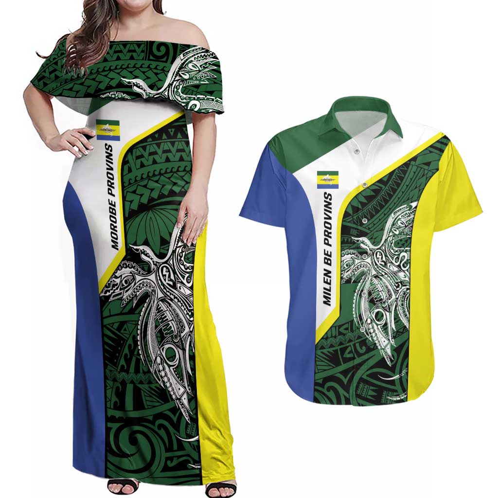 Personalised PNG Morobe Province Couples Matching Off Shoulder Maxi Dress and Hawaiian Shirt Bird of Paradise Tattoo Flag Motif - Polynesian Pride