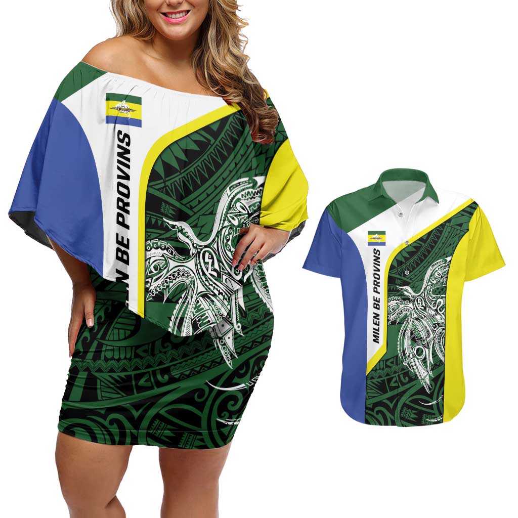 Personalised PNG Morobe Province Couples Matching Off Shoulder Short Dress and Hawaiian Shirt Bird of Paradise Tattoo Flag Motif - Polynesian Pride