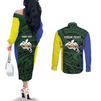 Personalised PNG Morobe Province Couples Matching Off The Shoulder Long Sleeve Dress and Long Sleeve Button Shirt Bird of Paradise Tattoo Flag Motif - Polynesian Pride