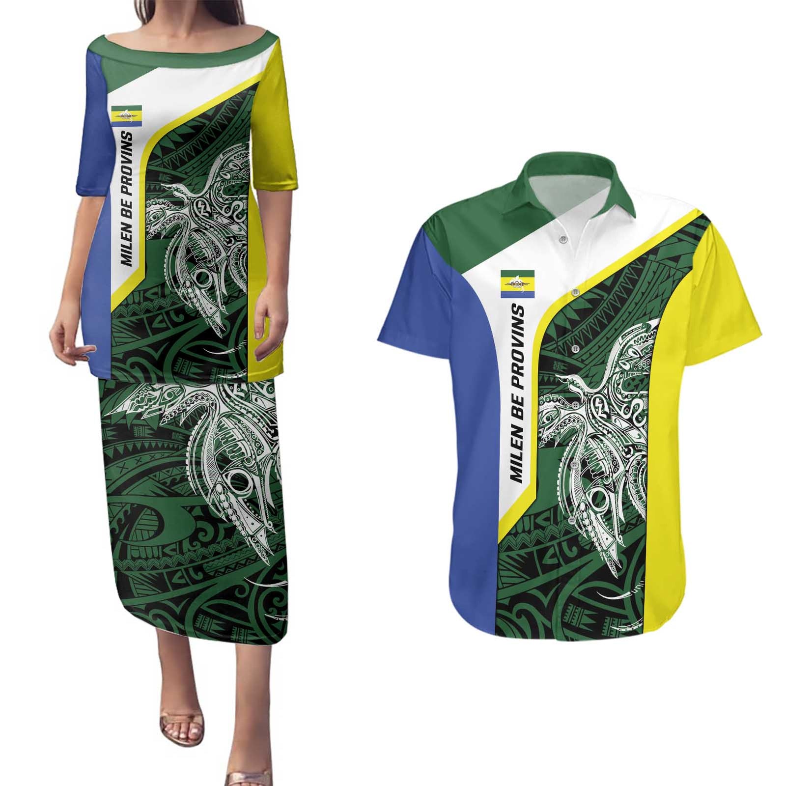 Personalised PNG Morobe Province Couples Matching Puletasi and Hawaiian Shirt Bird of Paradise Tattoo Flag Motif - Polynesian Pride