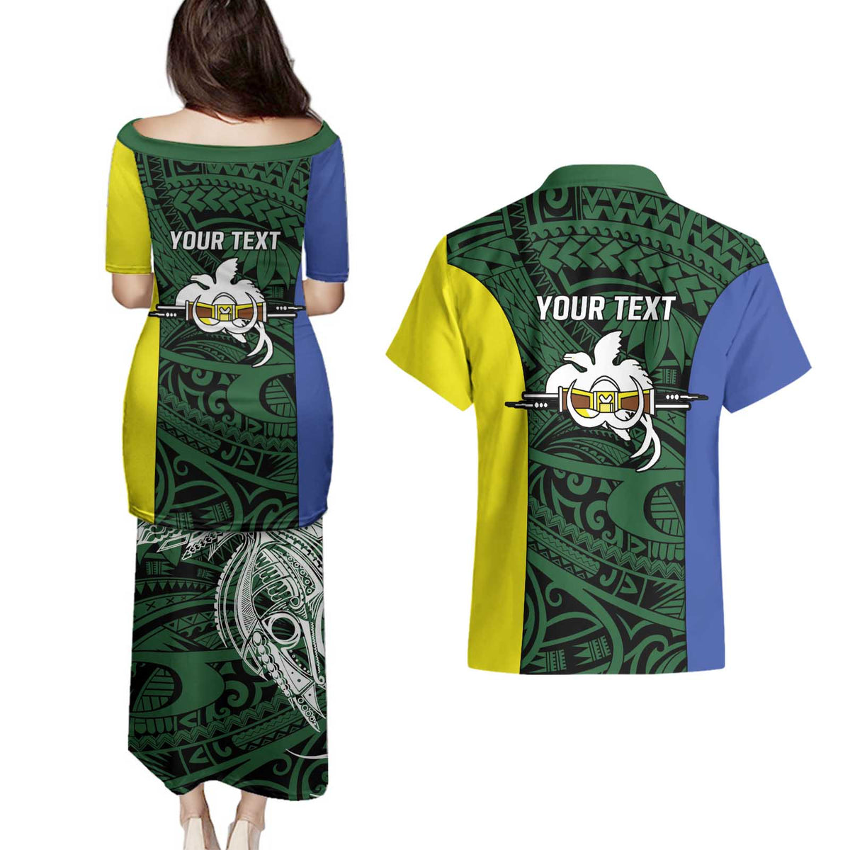 Personalised PNG Morobe Province Couples Matching Puletasi and Hawaiian Shirt Bird of Paradise Tattoo Flag Motif - Polynesian Pride