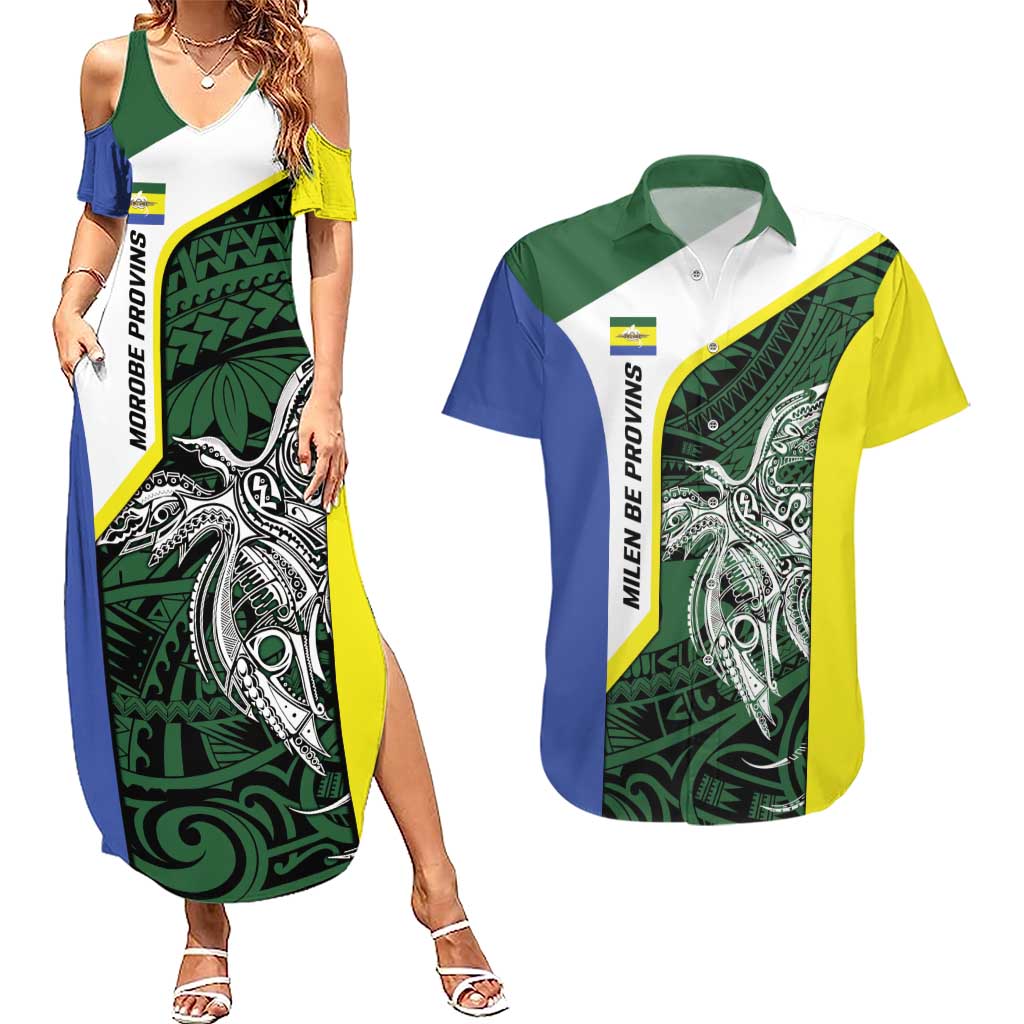 Personalised PNG Morobe Province Couples Matching Summer Maxi Dress and Hawaiian Shirt Bird of Paradise Tattoo Flag Motif - Polynesian Pride