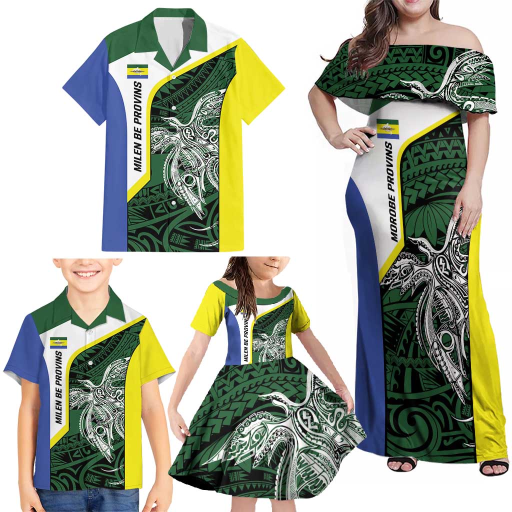 Personalised PNG Morobe Province Family Matching Off Shoulder Maxi Dress and Hawaiian Shirt Bird of Paradise Tattoo Flag Motif - Polynesian Pride