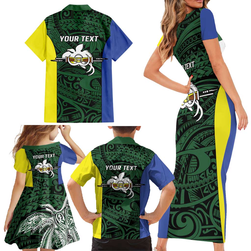 Personalised PNG Morobe Province Family Matching Short Sleeve Bodycon Dress and Hawaiian Shirt Bird of Paradise Tattoo Flag Motif - Polynesian Pride