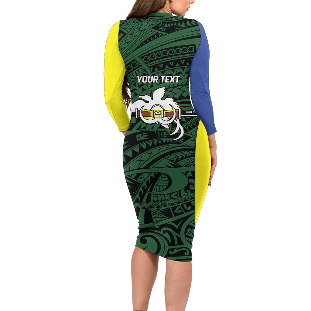 Personalised PNG Morobe Province Long Sleeve Bodycon Dress Bird of Paradise Tattoo Flag Motif - Polynesian Pride