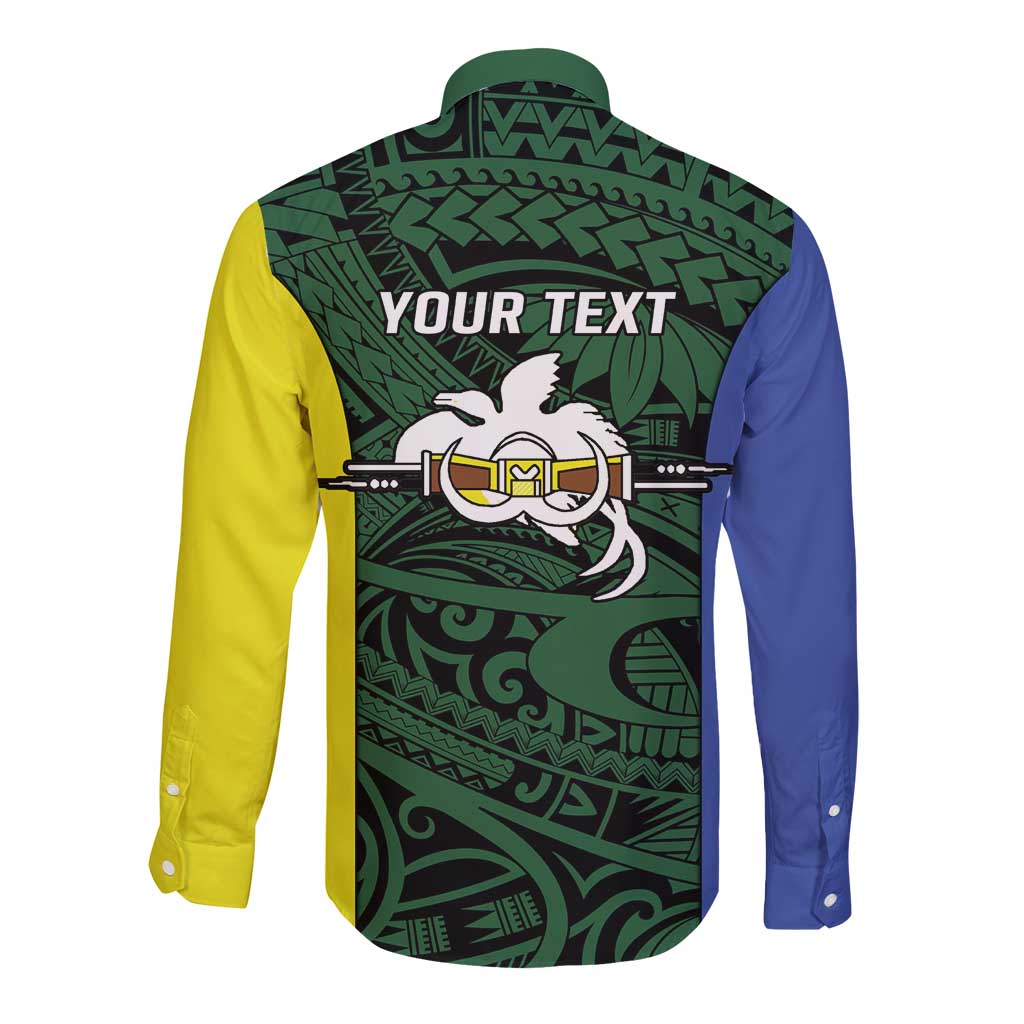Personalised PNG Morobe Province Long Sleeve Button Shirt Bird of Paradise Tattoo Flag Motif - Polynesian Pride
