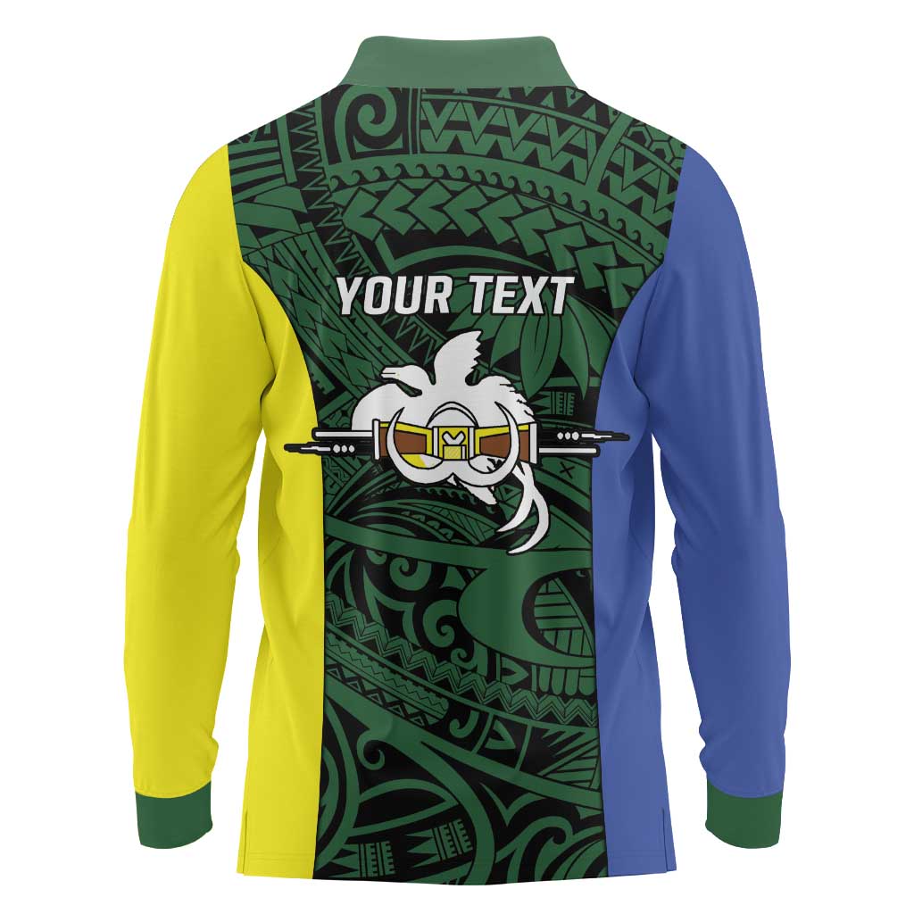 Personalised PNG Morobe Province Long Sleeve Polo Shirt Bird of Paradise Tattoo Flag Motif - Polynesian Pride