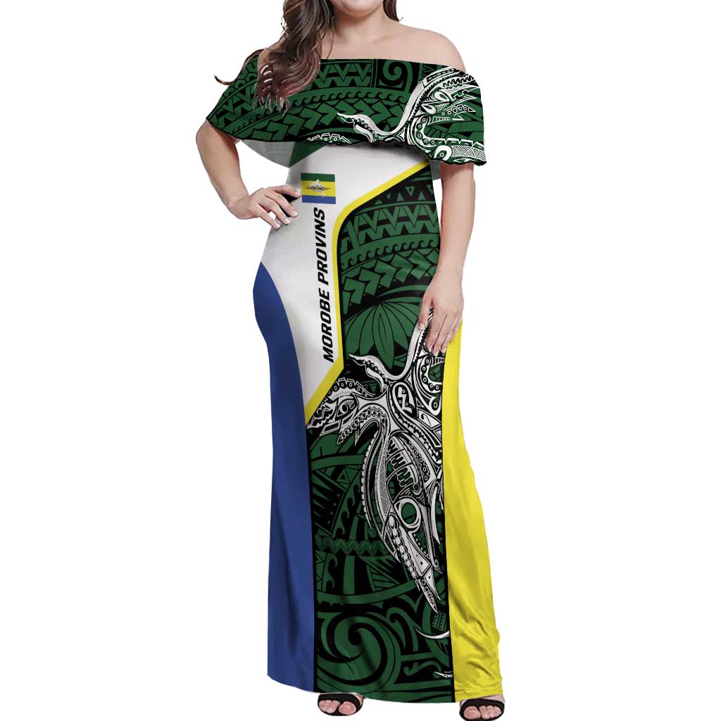 Personalised PNG Morobe Province Off Shoulder Maxi Dress Bird of Paradise Tattoo Flag Motif - Polynesian Pride