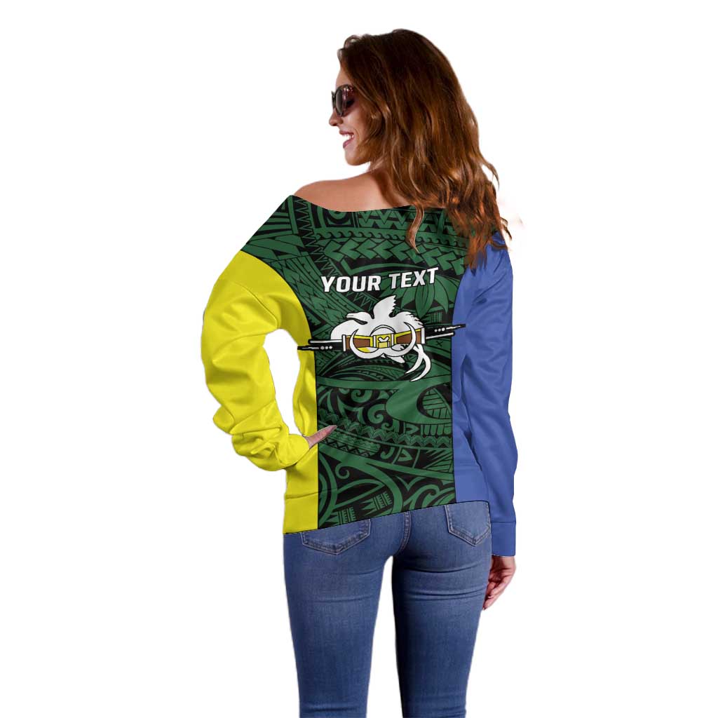 Personalised PNG Morobe Province Off Shoulder Sweater Bird of Paradise Tattoo Flag Motif - Polynesian Pride