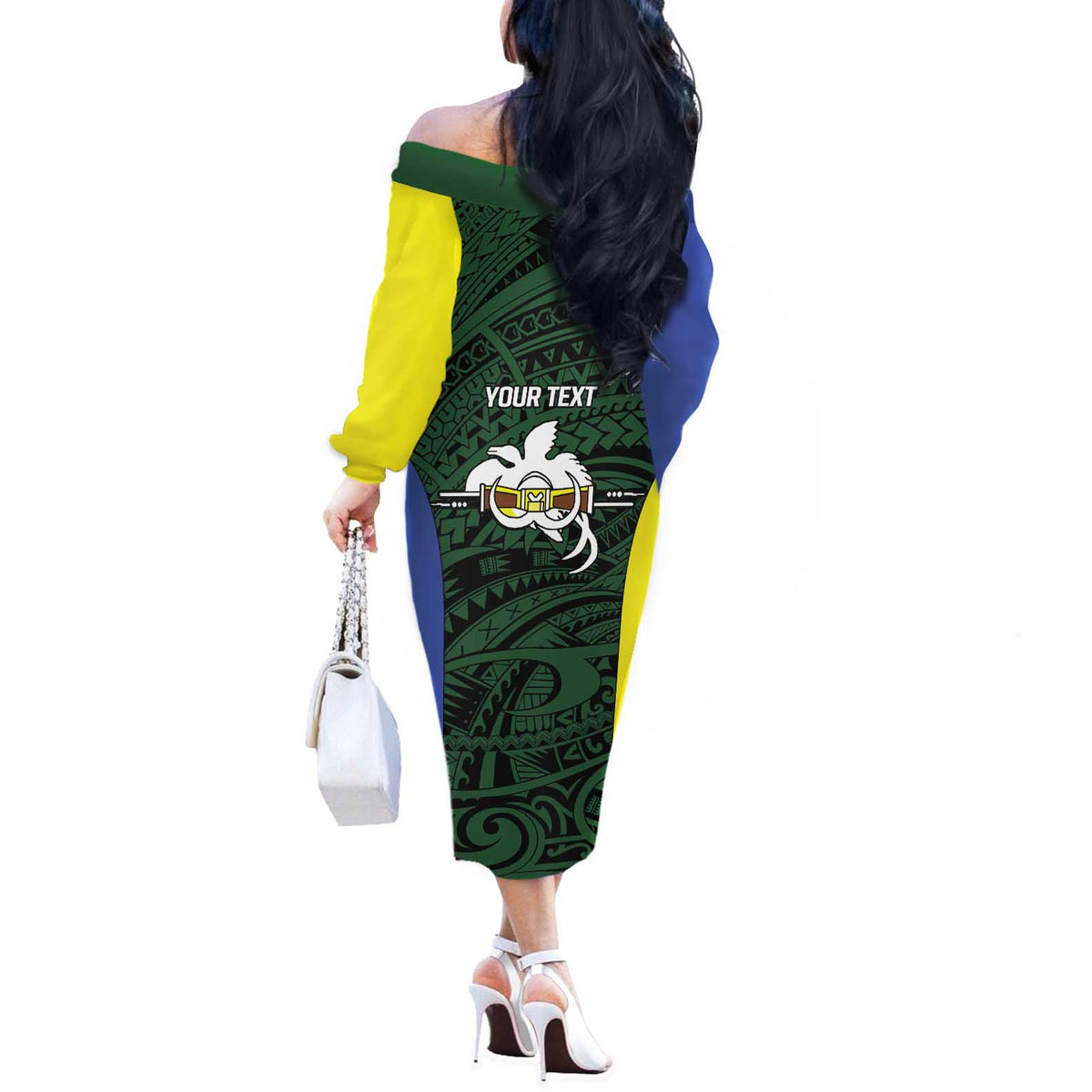 Personalised PNG Morobe Province Off The Shoulder Long Sleeve Dress Bird of Paradise Tattoo Flag Motif - Polynesian Pride
