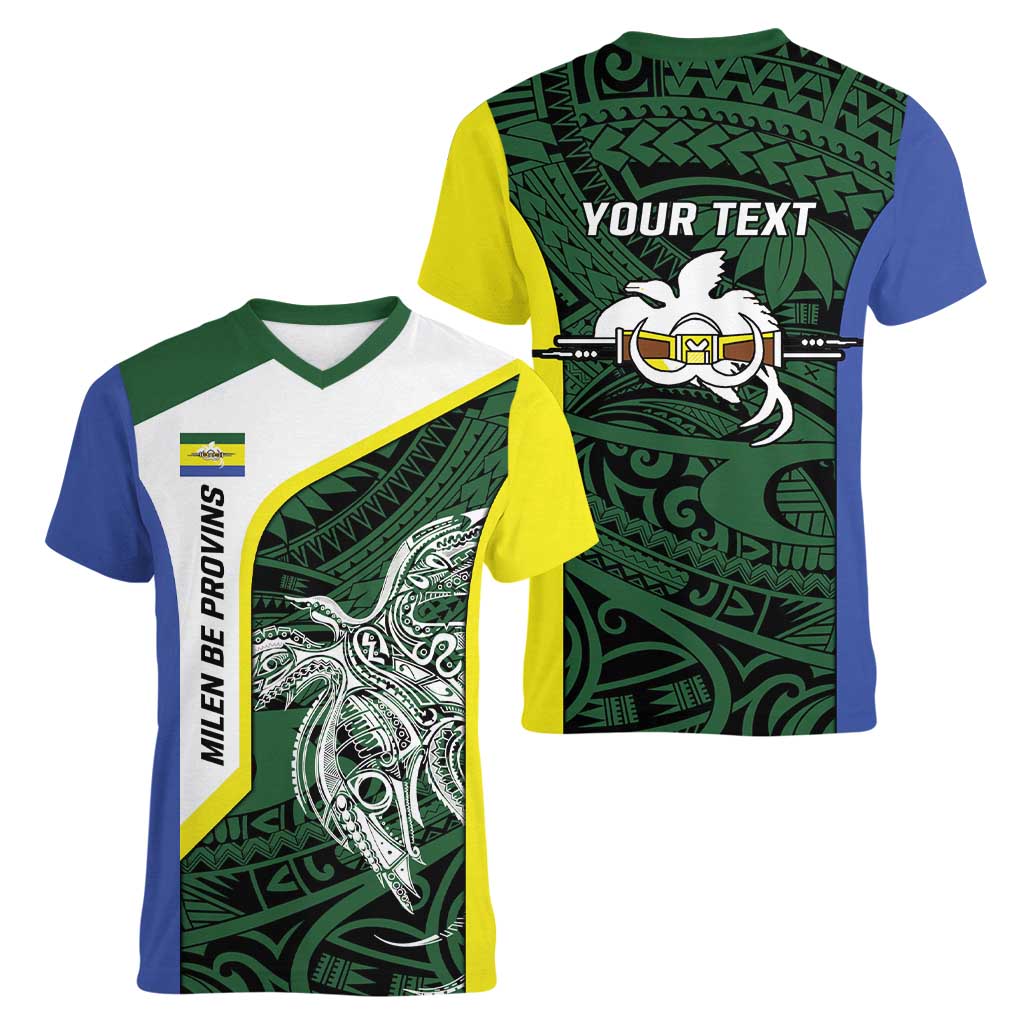 Personalised PNG Morobe Province Women V-Neck T-Shirt Bird of Paradise Tattoo Flag Motif - Polynesian Pride