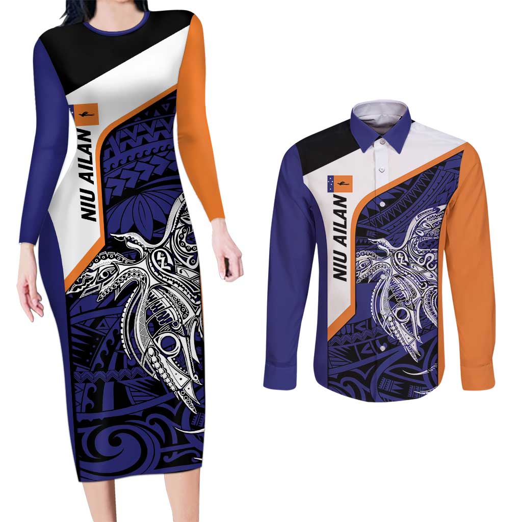 Personalised PNG New Ireland Couples Matching Long Sleeve Bodycon Dress and Long Sleeve Button Shirt Bird of Paradise Tattoo Flag Motif - Polynesian Pride