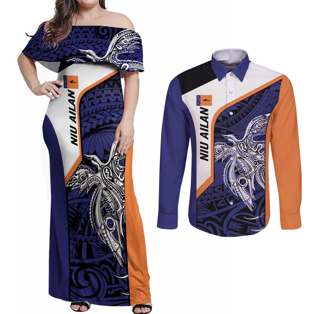 Personalised PNG New Ireland Couples Matching Off Shoulder Maxi Dress and Long Sleeve Button Shirt Bird of Paradise Tattoo Flag Motif - Polynesian Pride