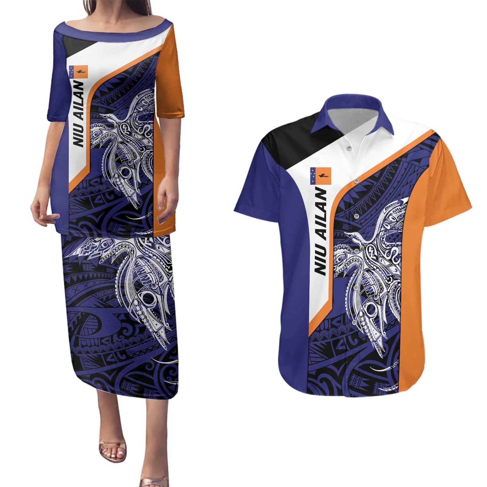 Personalised PNG New Ireland Couples Matching Puletasi and Hawaiian Shirt Bird of Paradise Tattoo Flag Motif - Polynesian Pride