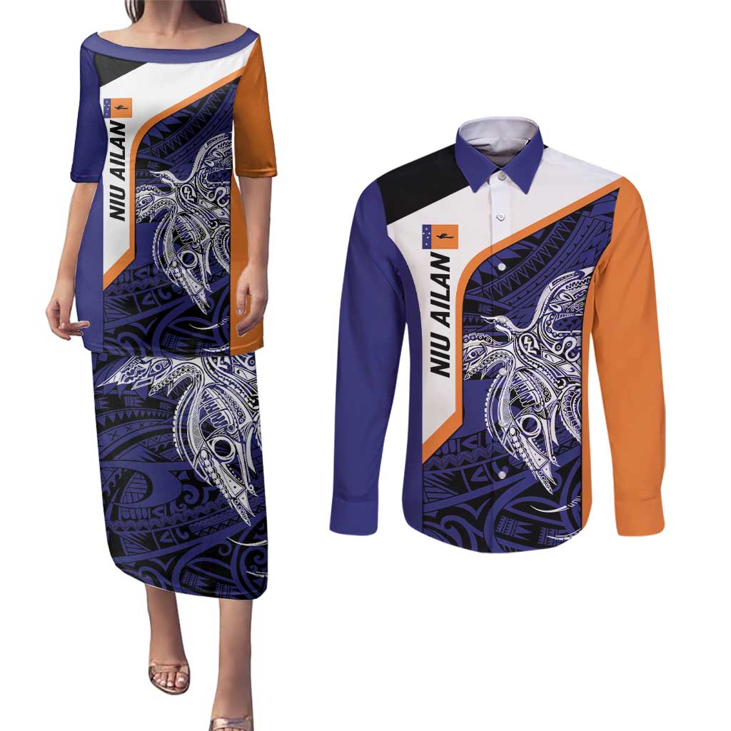 Personalised PNG New Ireland Couples Matching Puletasi and Long Sleeve Button Shirt Bird of Paradise Tattoo Flag Motif - Polynesian Pride