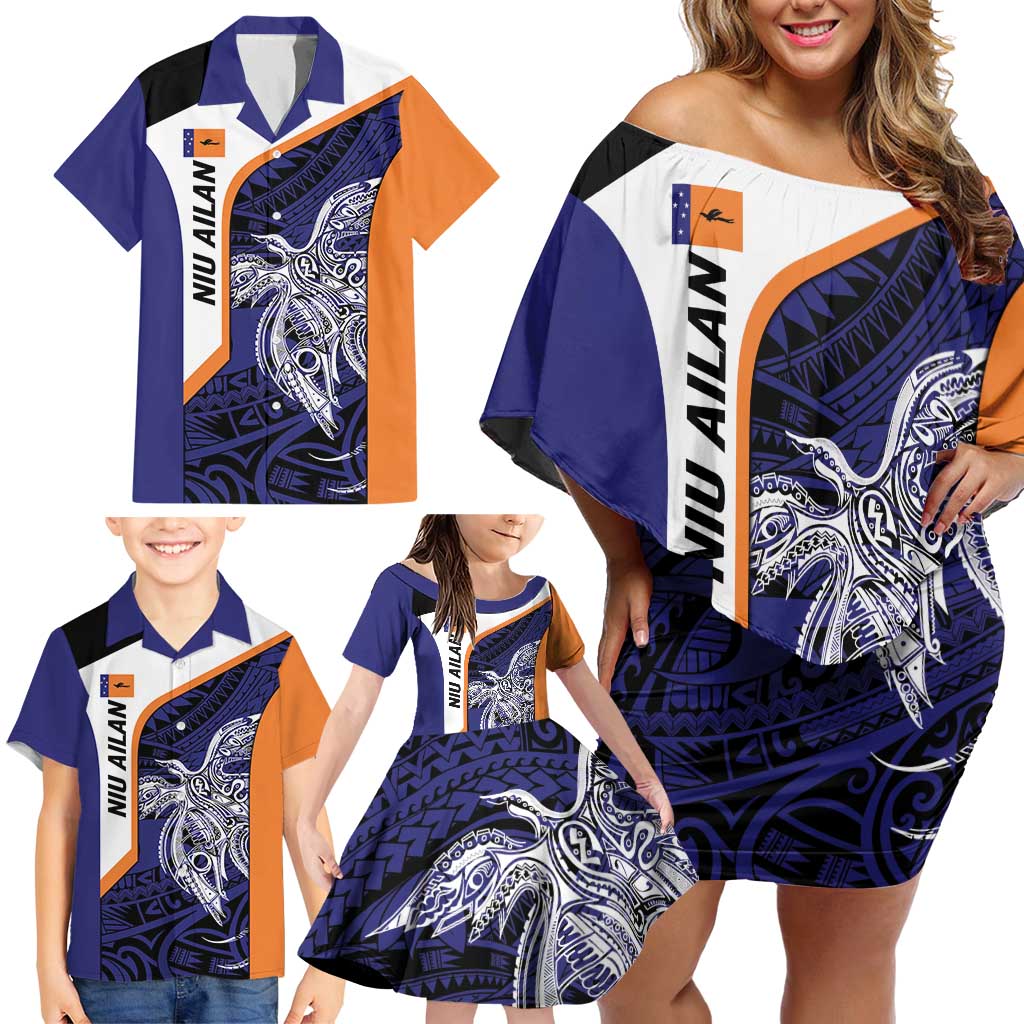 Personalised PNG New Ireland Family Matching Off Shoulder Short Dress and Hawaiian Shirt Bird of Paradise Tattoo Flag Motif - Polynesian Pride