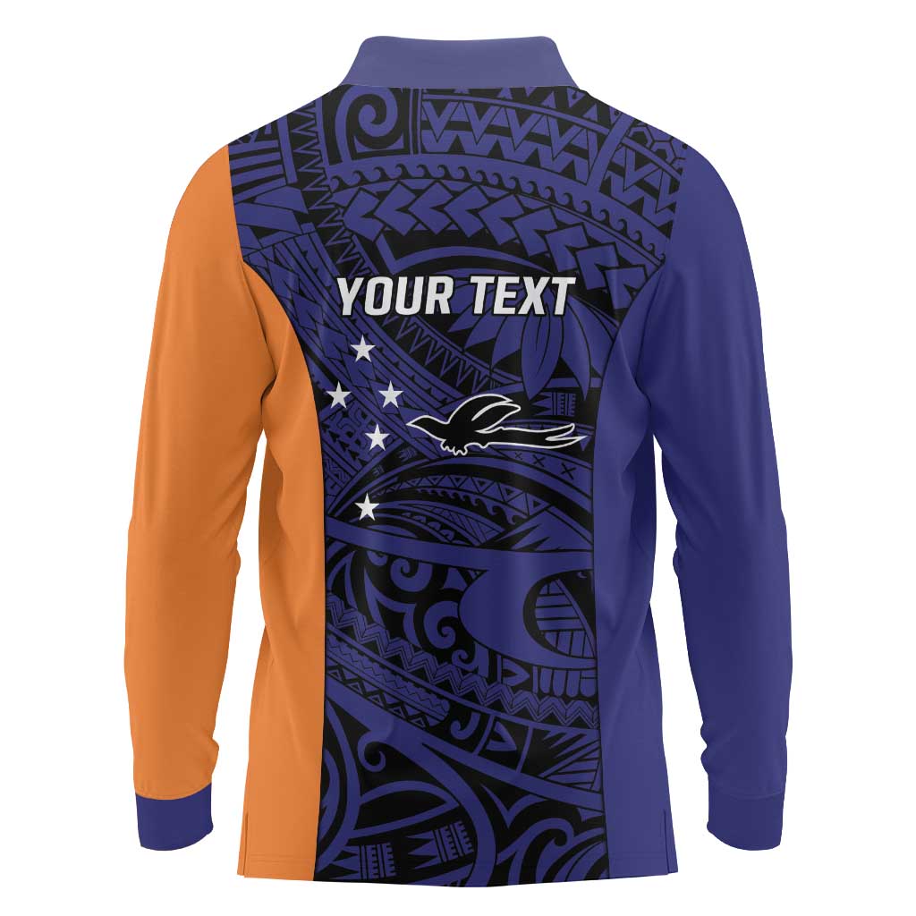 Personalised PNG New Ireland Long Sleeve Polo Shirt Bird of Paradise Tattoo Flag Motif - Polynesian Pride