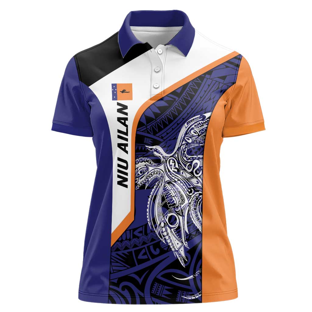 Personalised PNG New Ireland Women Polo Shirt Bird of Paradise Tattoo Flag Motif - Polynesian Pride