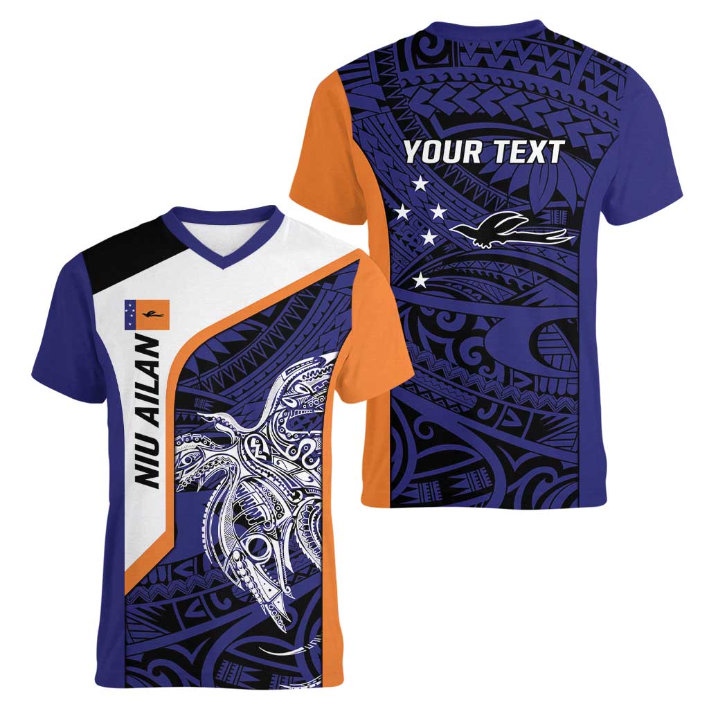 Personalised PNG New Ireland Women V-Neck T-Shirt Bird of Paradise Tattoo Flag Motif - Polynesian Pride