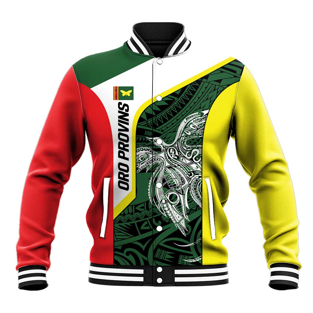 Personalised PNG Oro Province Baseball Jacket Bird of Paradise Tattoo Flag Motif - Polynesian Pride
