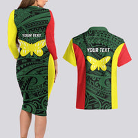 Personalised PNG Oro Province Couples Matching Long Sleeve Bodycon Dress and Hawaiian Shirt Bird of Paradise Tattoo Flag Motif - Polynesian Pride