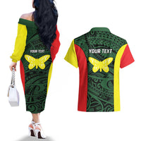 Personalised PNG Oro Province Couples Matching Off The Shoulder Long Sleeve Dress and Hawaiian Shirt Bird of Paradise Tattoo Flag Motif - Polynesian Pride