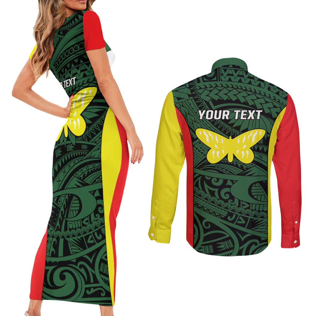 Personalised PNG Oro Province Couples Matching Short Sleeve Bodycon Dress and Long Sleeve Button Shirt Bird of Paradise Tattoo Flag Motif - Polynesian Pride