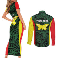 Personalised PNG Oro Province Couples Matching Short Sleeve Bodycon Dress and Long Sleeve Button Shirt Bird of Paradise Tattoo Flag Motif - Polynesian Pride
