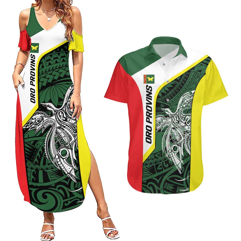 Personalised PNG Oro Province Couples Matching Summer Maxi Dress and Hawaiian Shirt Bird of Paradise Tattoo Flag Motif - Polynesian Pride