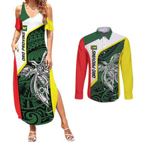 Personalised PNG Oro Province Couples Matching Summer Maxi Dress and Long Sleeve Button Shirt Bird of Paradise Tattoo Flag Motif - Polynesian Pride