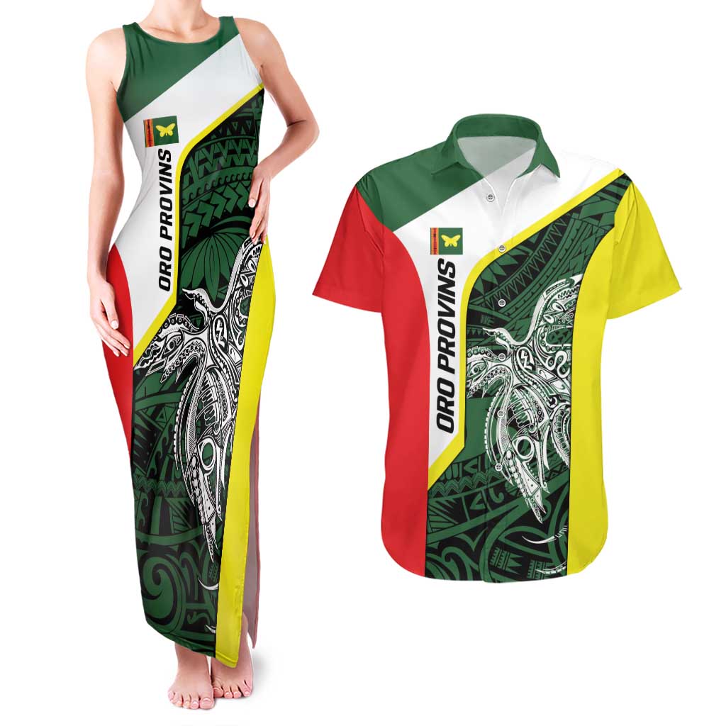 Personalised PNG Oro Province Couples Matching Tank Maxi Dress and Hawaiian Shirt Bird of Paradise Tattoo Flag Motif - Polynesian Pride
