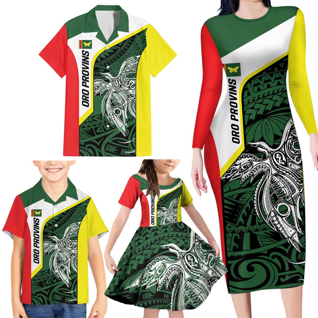 Personalised PNG Oro Province Family Matching Long Sleeve Bodycon Dress and Hawaiian Shirt Bird of Paradise Tattoo Flag Motif - Polynesian Pride