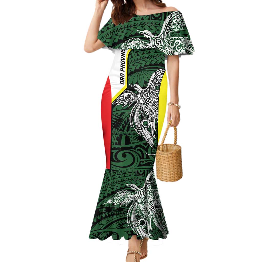 Personalised PNG Oro Province Family Matching Mermaid Dress and Hawaiian Shirt Bird of Paradise Tattoo Flag Motif - Polynesian Pride