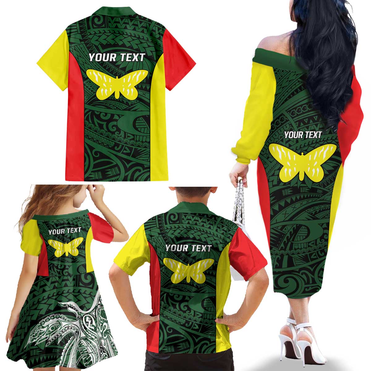 Personalised PNG Oro Province Family Matching Off The Shoulder Long Sleeve Dress and Hawaiian Shirt Bird of Paradise Tattoo Flag Motif - Polynesian Pride