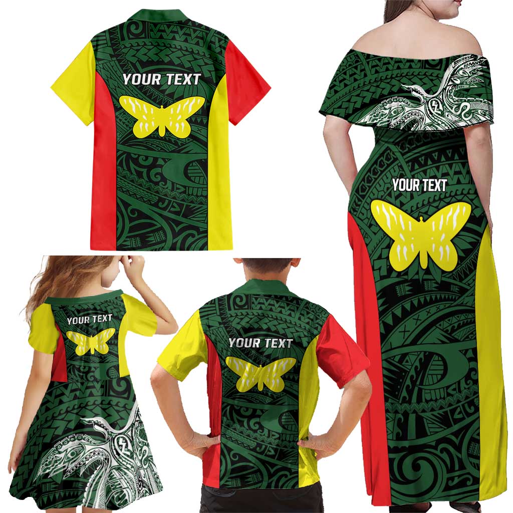 Personalised PNG Oro Province Family Matching Off Shoulder Maxi Dress and Hawaiian Shirt Bird of Paradise Tattoo Flag Motif - Polynesian Pride