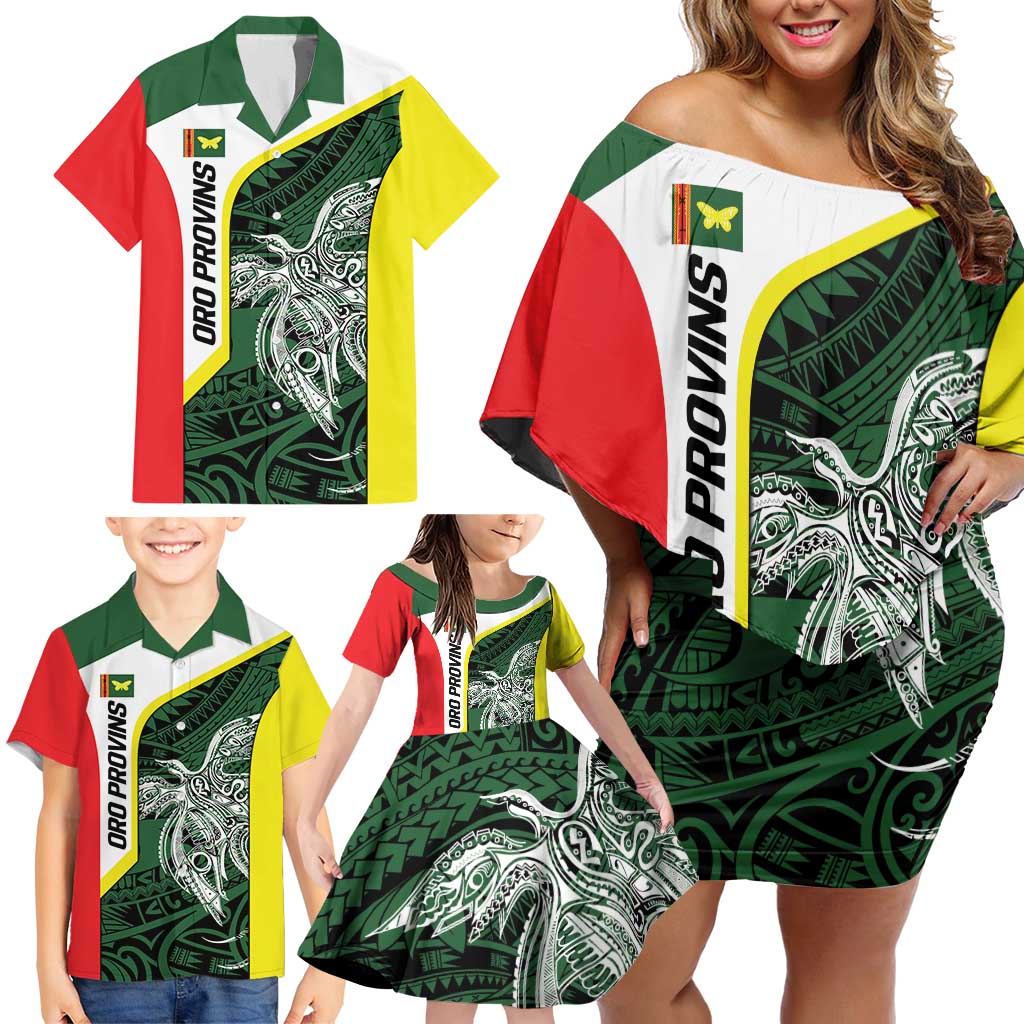 Personalised PNG Oro Province Family Matching Off Shoulder Short Dress and Hawaiian Shirt Bird of Paradise Tattoo Flag Motif - Polynesian Pride