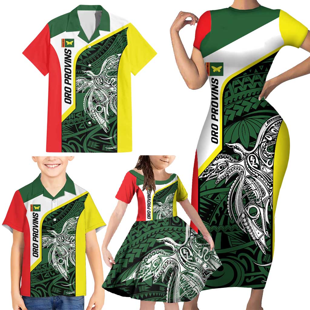 Personalised PNG Oro Province Family Matching Short Sleeve Bodycon Dress and Hawaiian Shirt Bird of Paradise Tattoo Flag Motif - Polynesian Pride