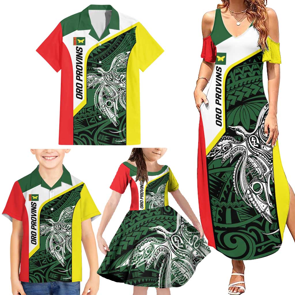 Personalised PNG Oro Province Family Matching Summer Maxi Dress and Hawaiian Shirt Bird of Paradise Tattoo Flag Motif - Polynesian Pride