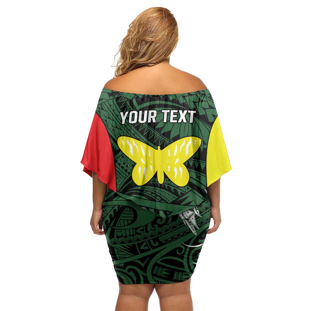 Personalised PNG Oro Province Off Shoulder Short Dress Bird of Paradise Tattoo Flag Motif - Polynesian Pride