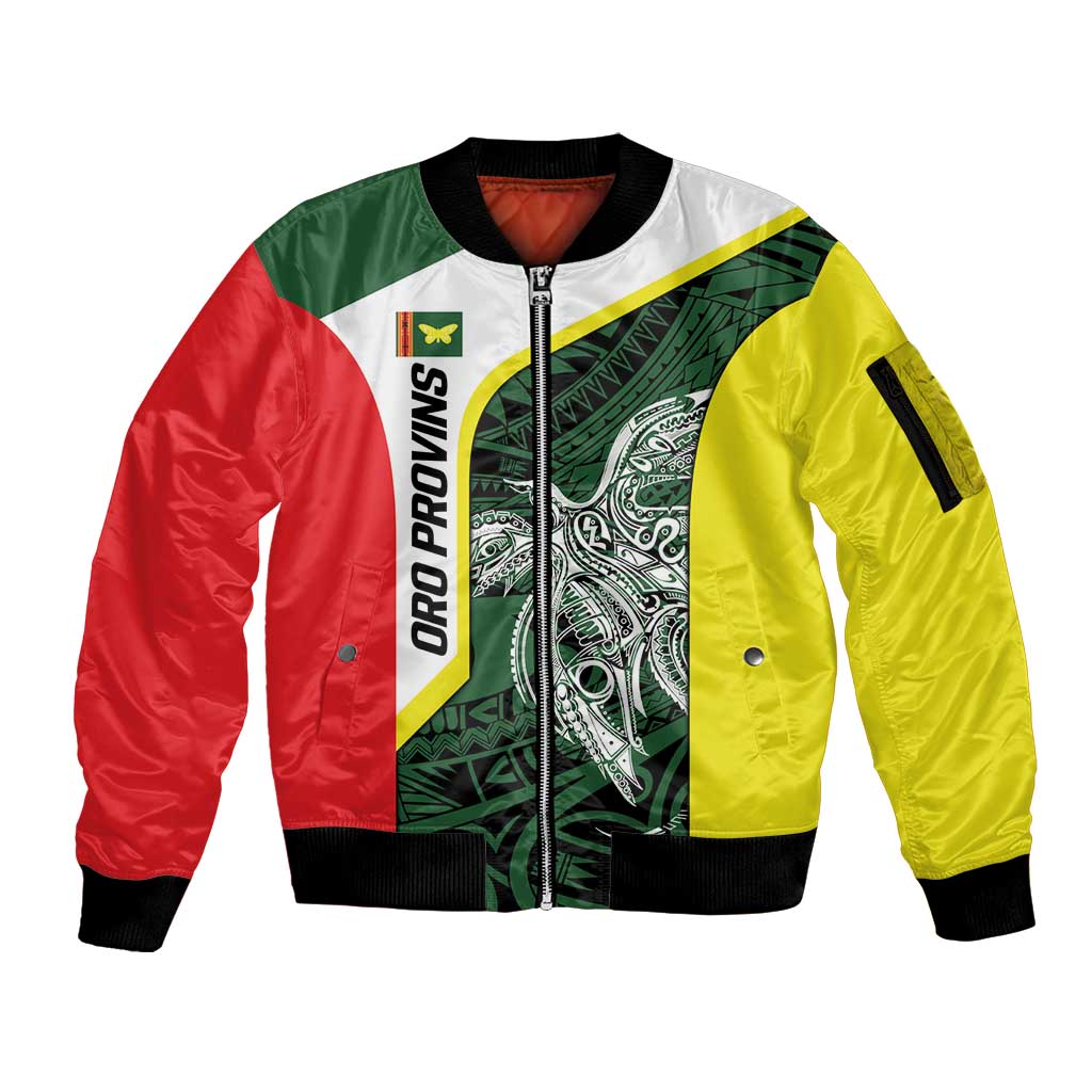 Personalised PNG Oro Province Sleeve Zip Bomber Jacket Bird of Paradise Tattoo Flag Motif - Polynesian Pride