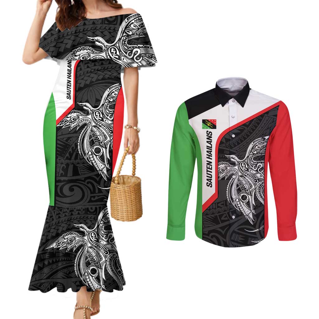 Personalised PNG Southern Highlands Province Couples Matching Mermaid Dress and Long Sleeve Button Shirt Bird of Paradise Tattoo Flag Motif - Polynesian Pride