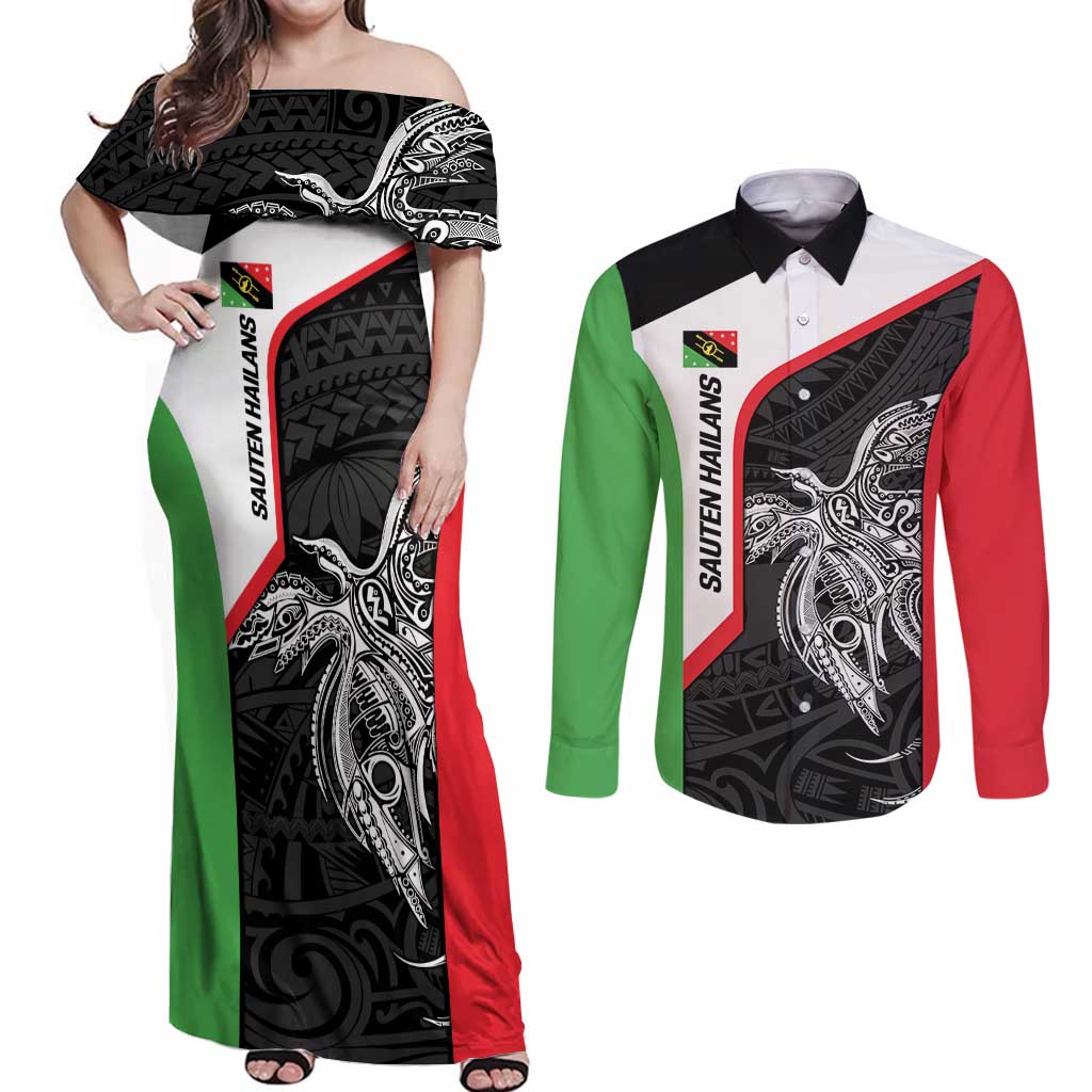 Personalised PNG Southern Highlands Province Couples Matching Off Shoulder Maxi Dress and Long Sleeve Button Shirt Bird of Paradise Tattoo Flag Motif - Polynesian Pride
