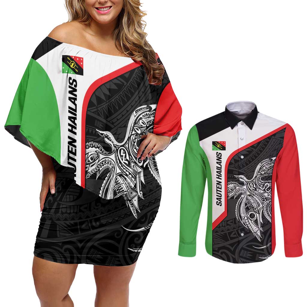 Personalised PNG Southern Highlands Province Couples Matching Off Shoulder Short Dress and Long Sleeve Button Shirt Bird of Paradise Tattoo Flag Motif - Polynesian Pride