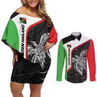 Personalised PNG Southern Highlands Province Couples Matching Off Shoulder Short Dress and Long Sleeve Button Shirt Bird of Paradise Tattoo Flag Motif - Polynesian Pride