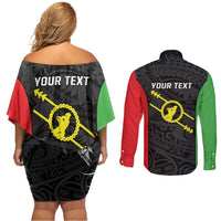 Personalised PNG Southern Highlands Province Couples Matching Off Shoulder Short Dress and Long Sleeve Button Shirt Bird of Paradise Tattoo Flag Motif - Polynesian Pride