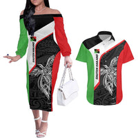 Personalised PNG Southern Highlands Province Couples Matching Off The Shoulder Long Sleeve Dress and Hawaiian Shirt Bird of Paradise Tattoo Flag Motif - Polynesian Pride