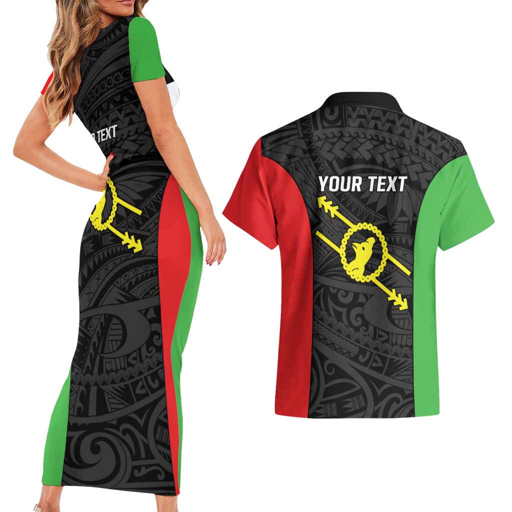 Personalised PNG Southern Highlands Province Couples Matching Short Sleeve Bodycon Dress and Hawaiian Shirt Bird of Paradise Tattoo Flag Motif - Polynesian Pride