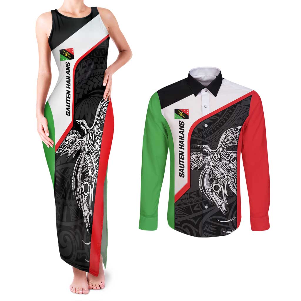 Personalised PNG Southern Highlands Province Couples Matching Tank Maxi Dress and Long Sleeve Button Shirt Bird of Paradise Tattoo Flag Motif - Polynesian Pride